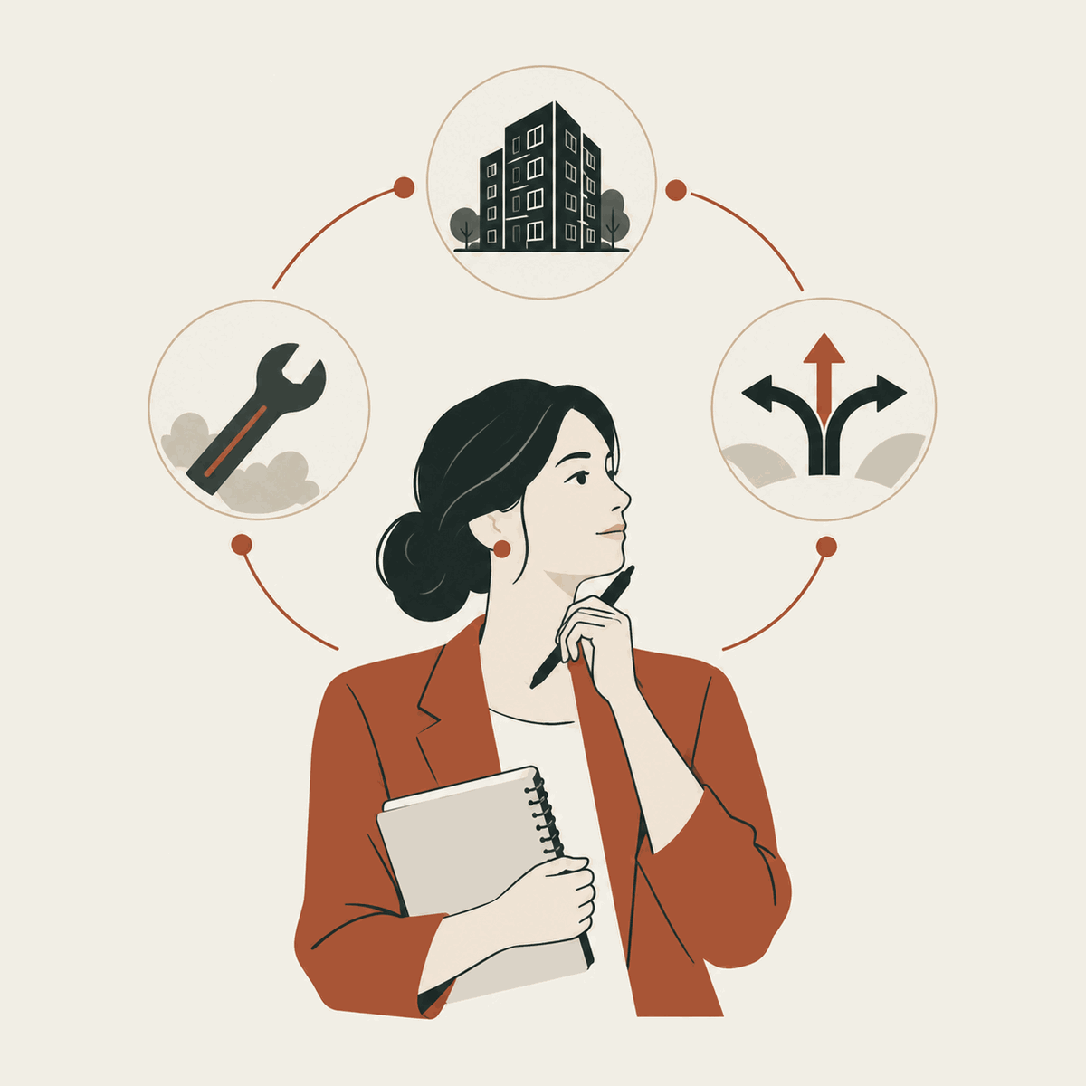An experienced property operator surrounded by symbols of the practical judgment she carries.