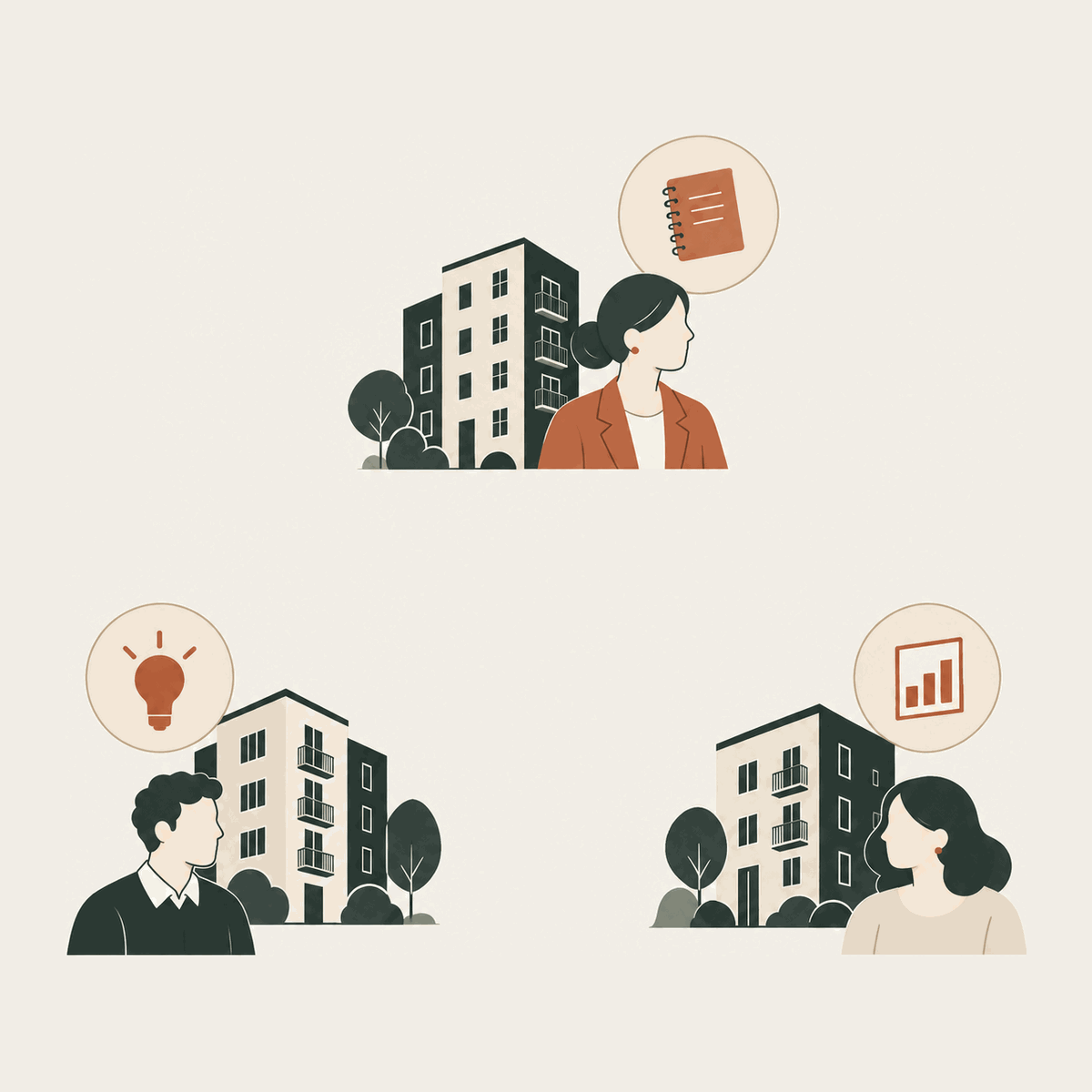Three property teams hold separate pockets of experience without a shared knowledge connection.