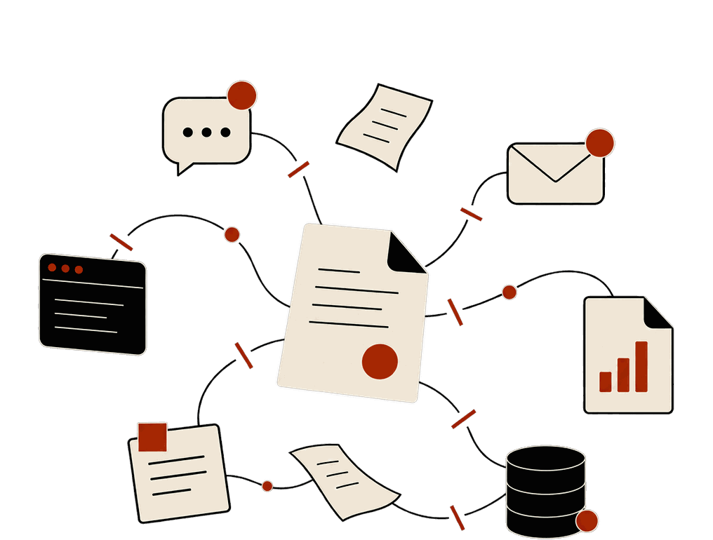 Illustration of property context scattered across conversations, emails, reports, and disconnected systems.